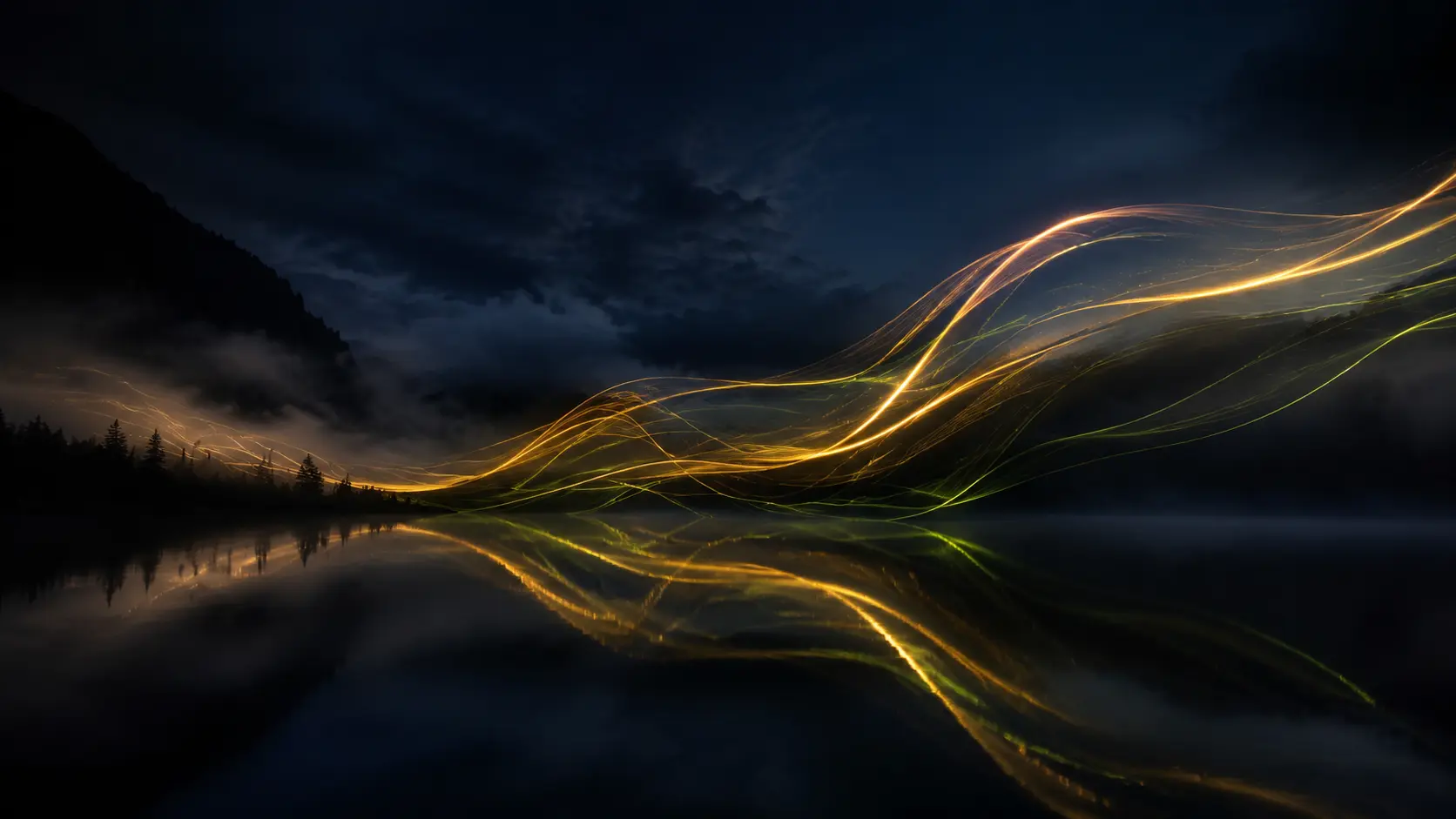 Trazos de luz dorada y verde reflejados sobre un paisaje nocturno